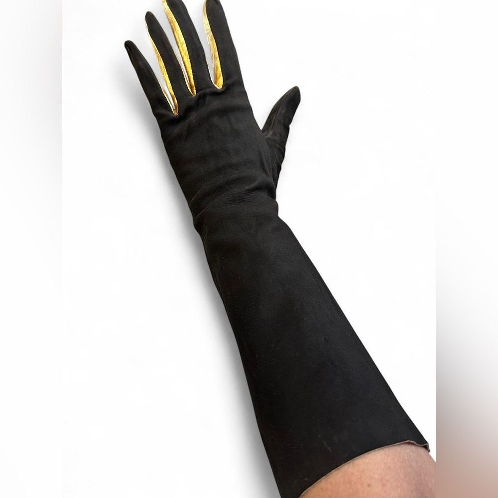 FREDDY PARIS VINTAGE LONG GLOVES BROWN SUEDE W GOLD LEATHER FINGER ACCENTS RARE